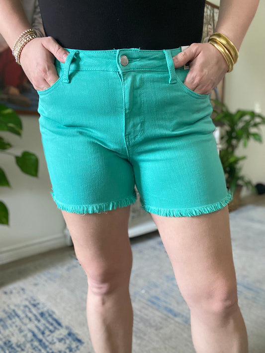 Judy Blue Mid Rise Garment Dyed Fray Hem Shorts