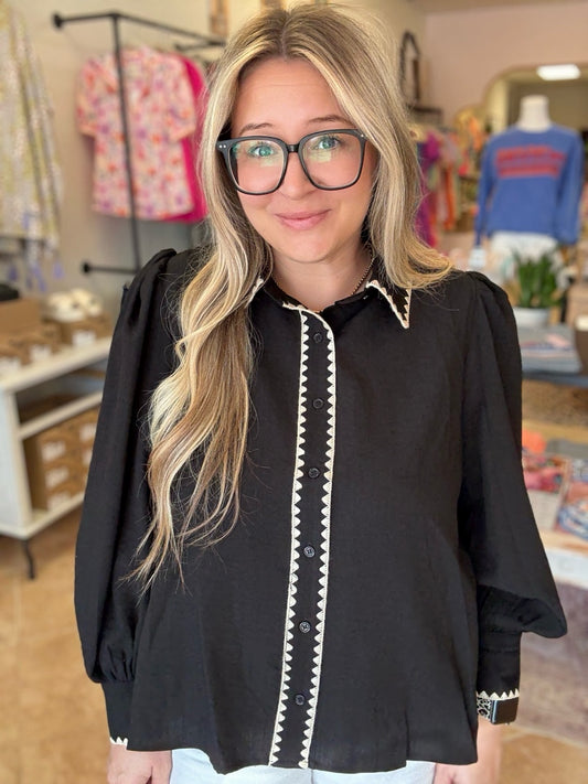 Black Blanket Stitch Collar Blouse