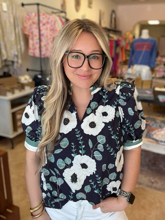 Navy Floral Puff Sleeve Blouse