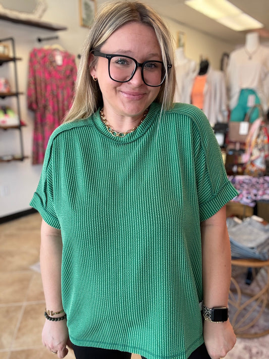 Corded Ribbed Short Cuff Sleeve Raw Edge Top