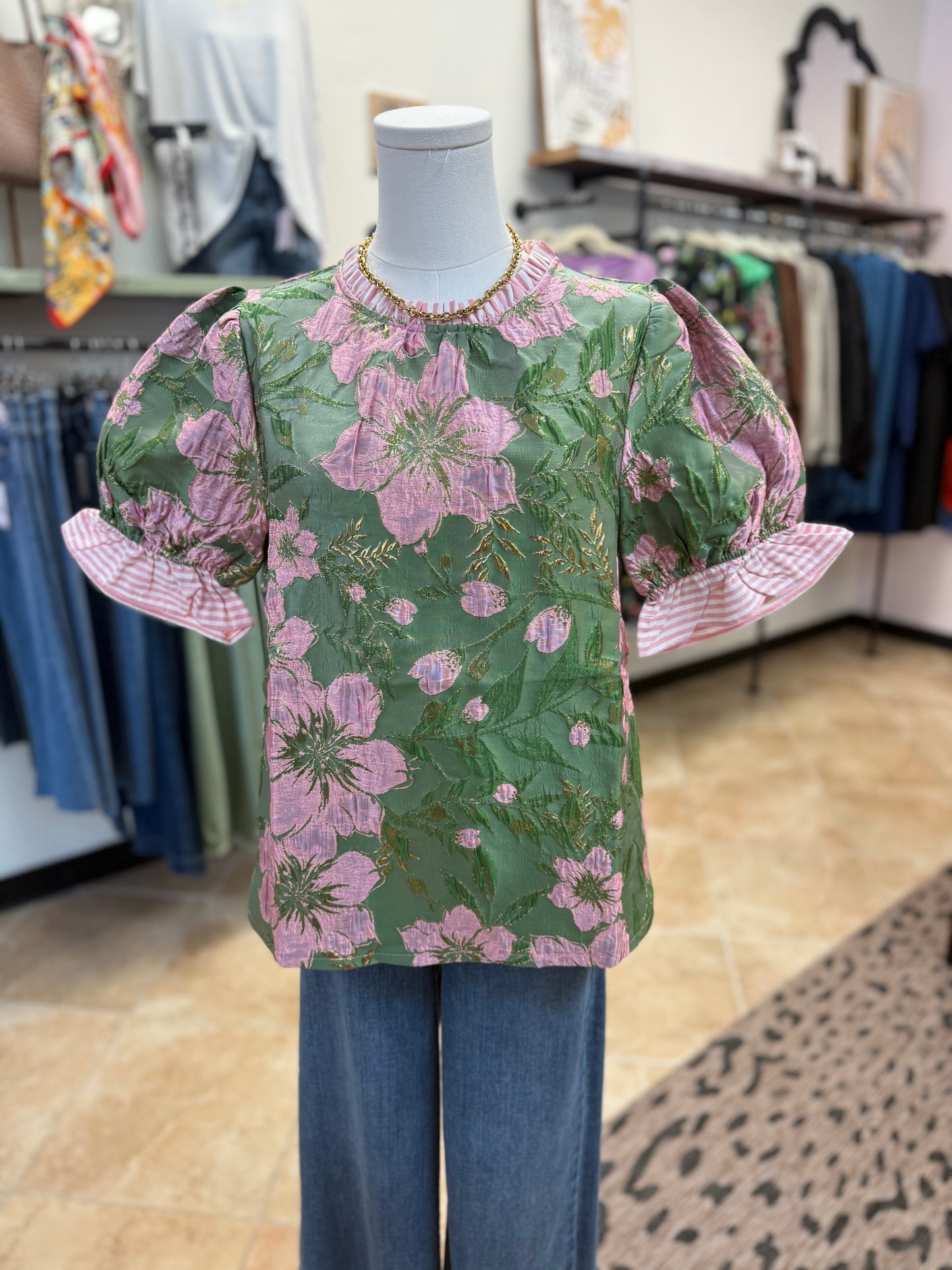 Sage Floral Puff Sleeve Blouse with Ruffle Details