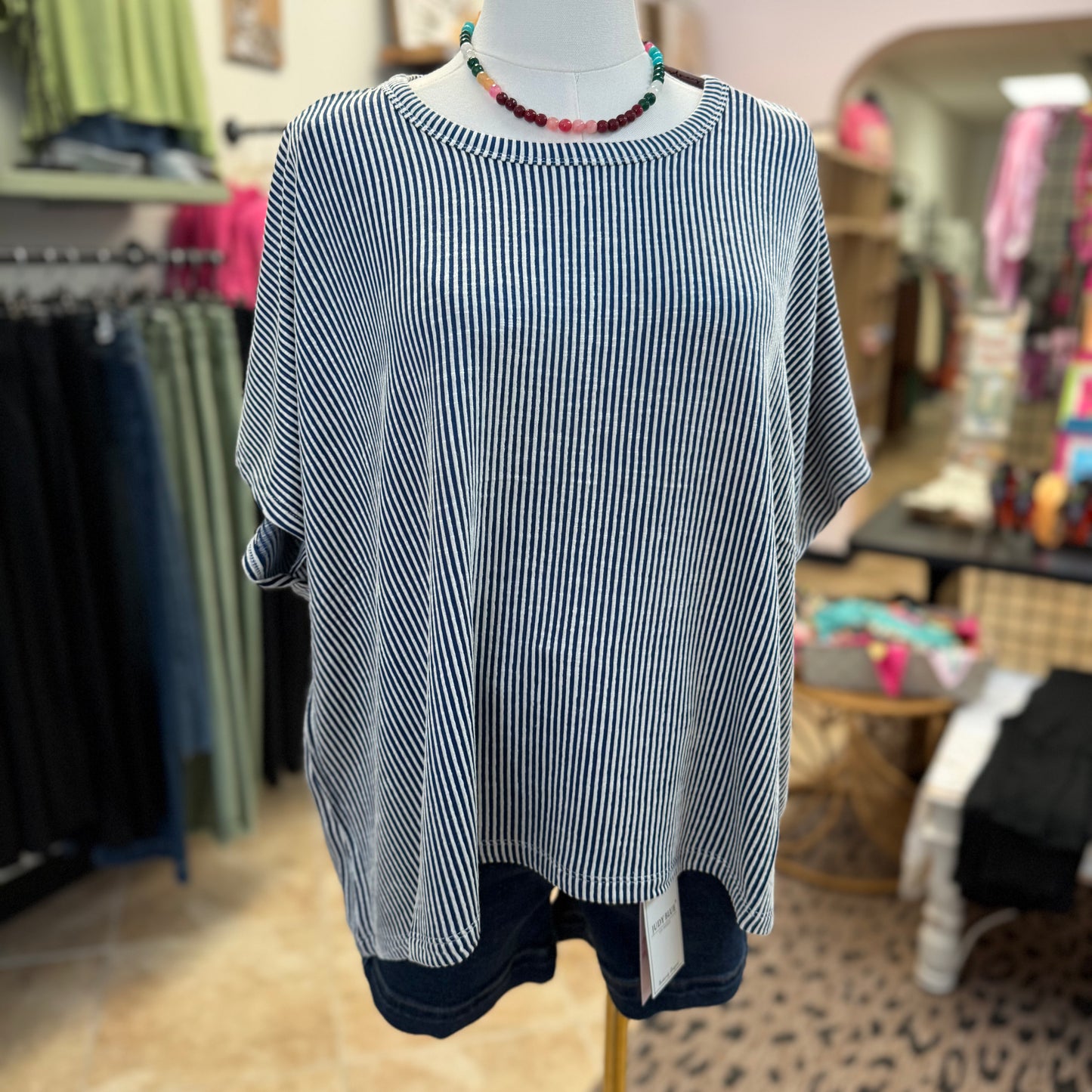 Ribbed Striped Oversized Short Sleeve Top in Light Navy