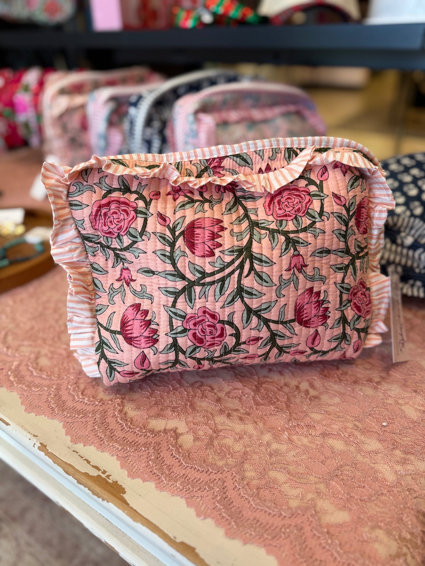 Quilted Ruffle Cosmetic Bags- Pink Roses