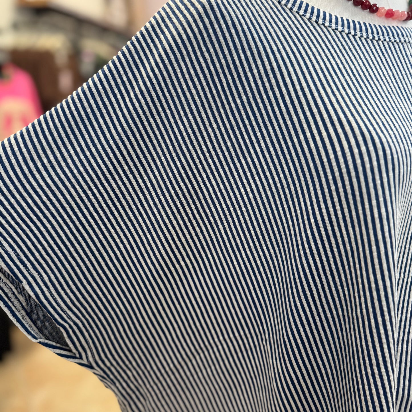 Ribbed Striped Oversized Short Sleeve Top in Light Navy