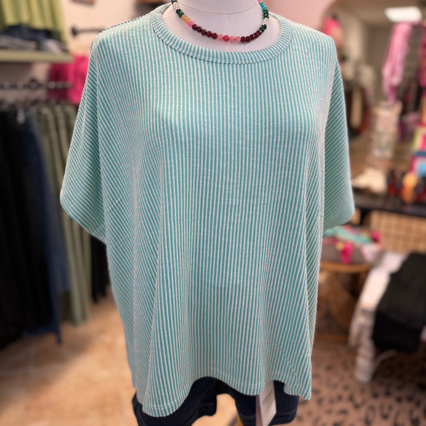 Ribbed Striped Oversized Short Sleeve Top in Mint