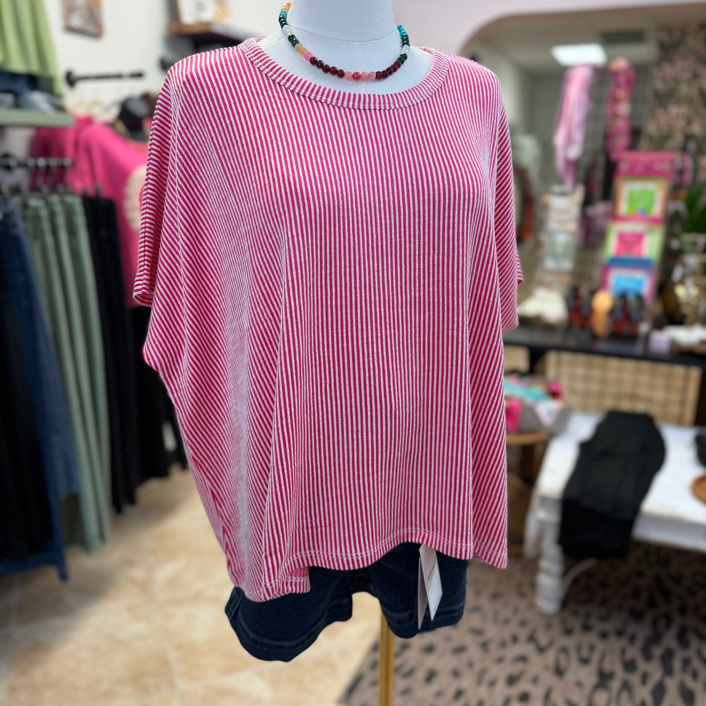 Ribbed Striped Oversized Short Sleeve Top in Hot Pink