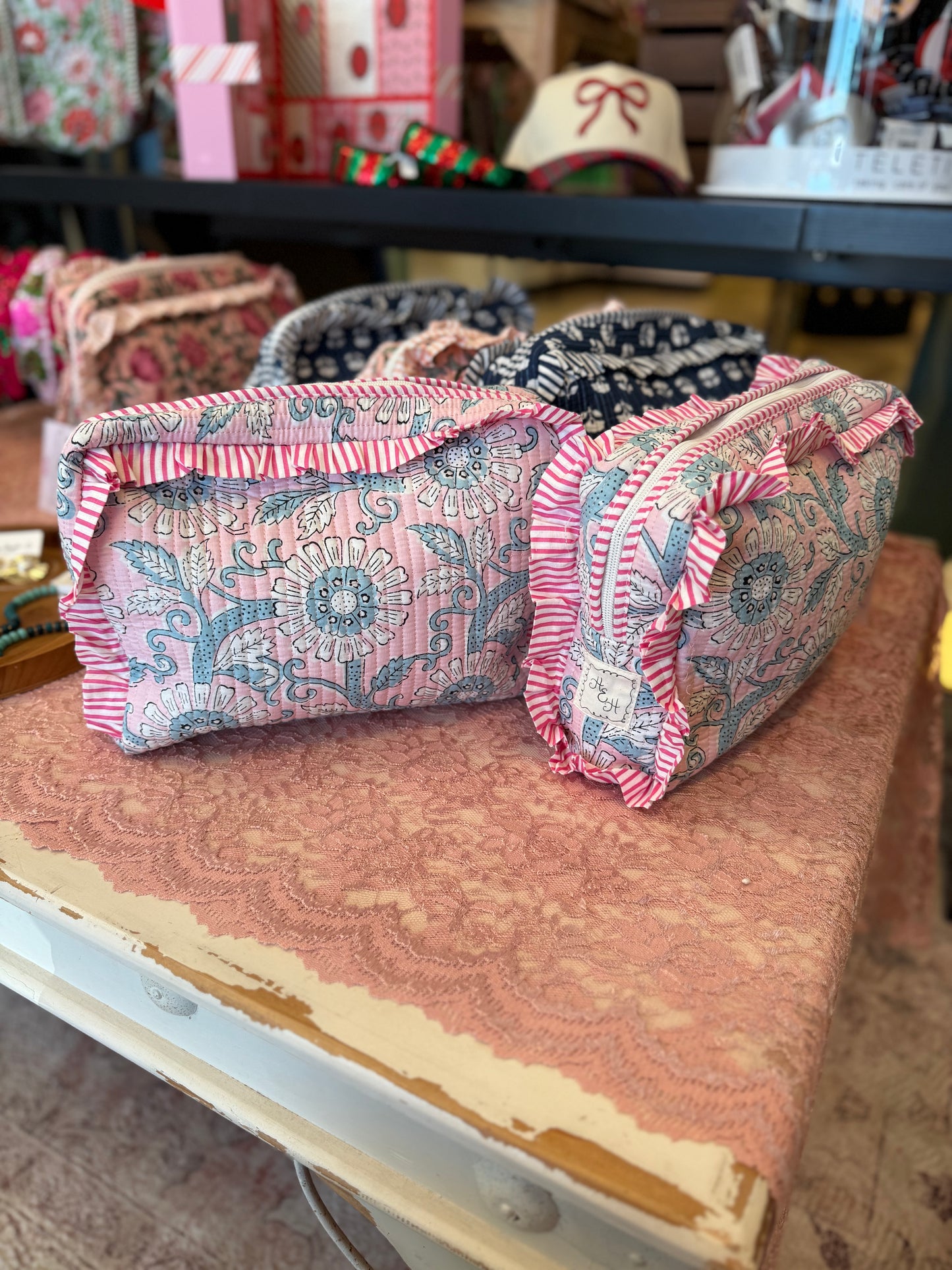 Quilted Ruffle Cosmetic Bags- Pink/Blue