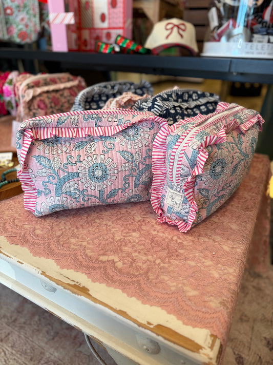 Quilted Ruffle Cosmetic Bags- Pink/Blue