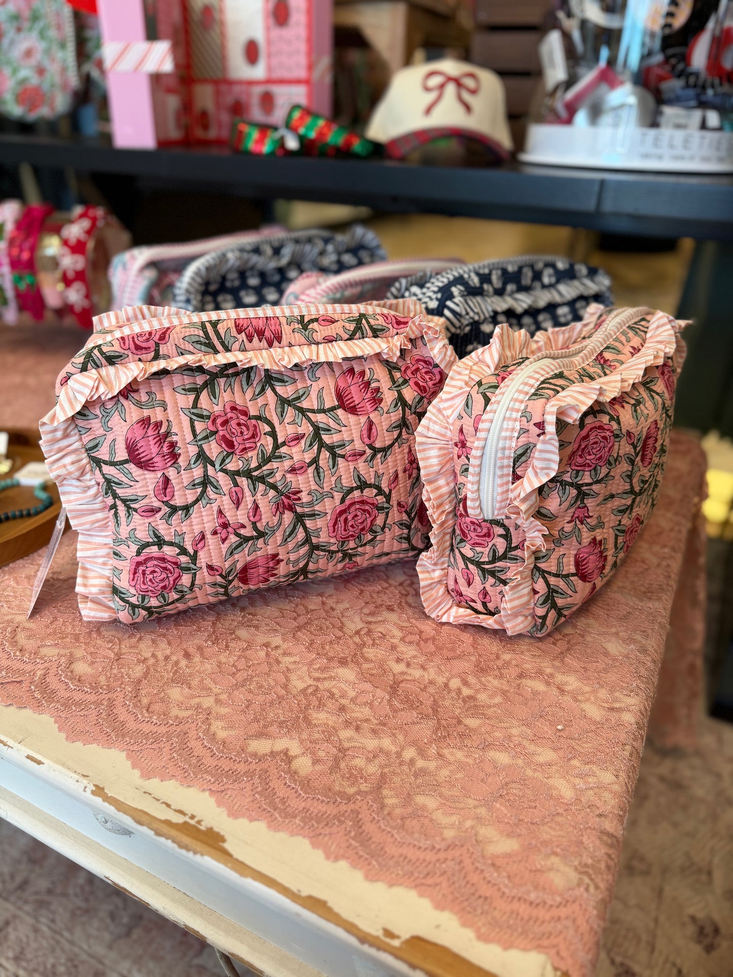 Quilted Ruffle Cosmetic Bags- Pink Roses