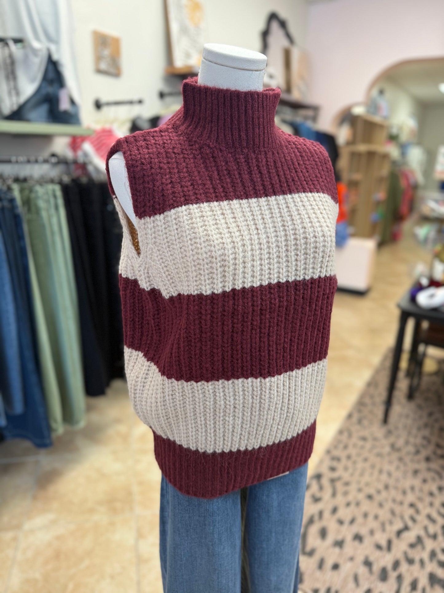 Maroon & Cream Sleeveless Sweater