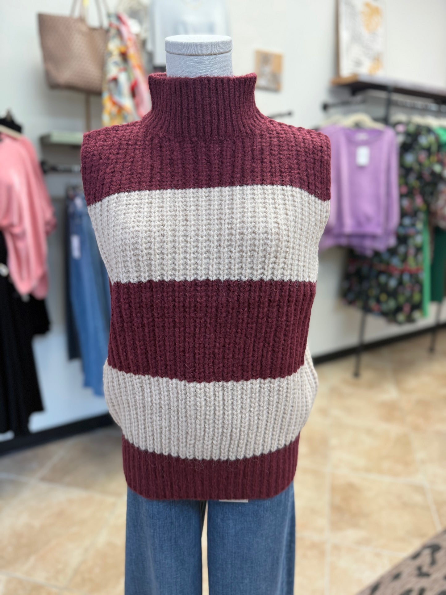 Maroon & Cream Sleeveless Sweater