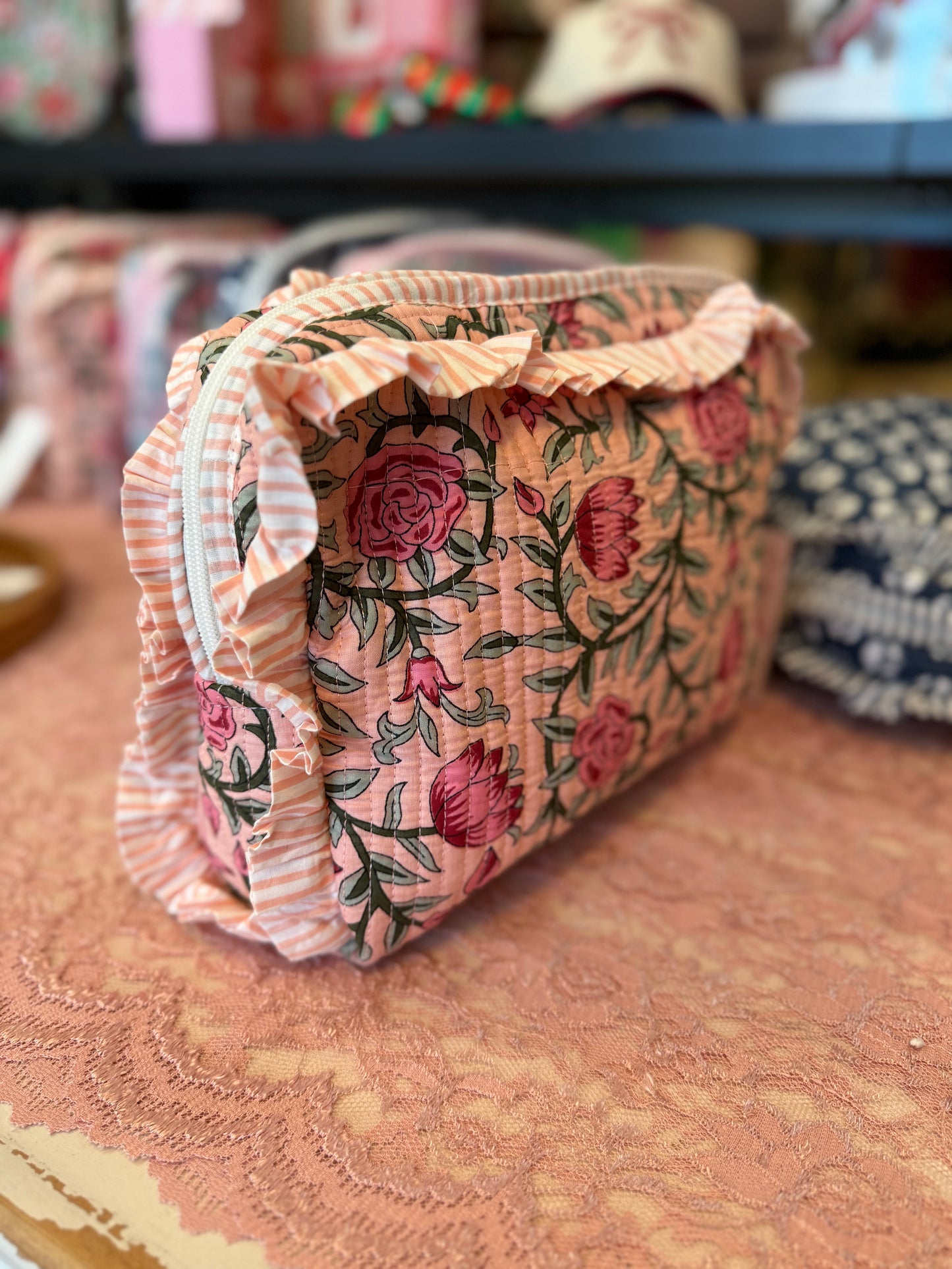 Quilted Ruffle Cosmetic Bags- Pink Roses
