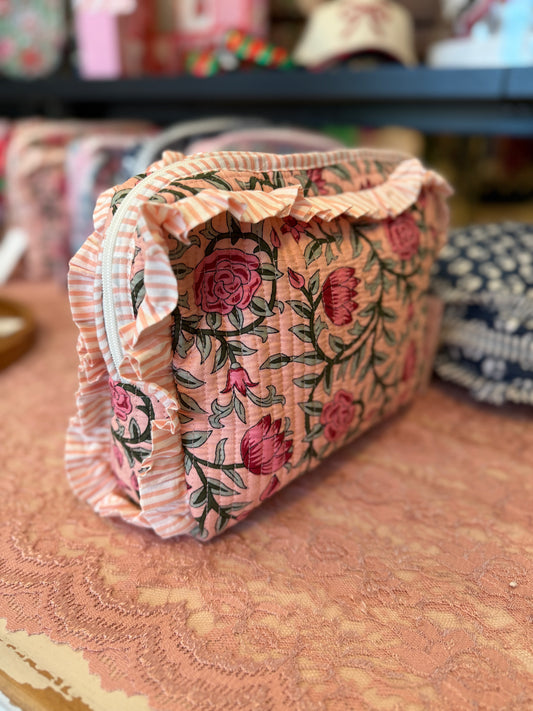 Quilted Ruffle Cosmetic Bags- Pink Roses