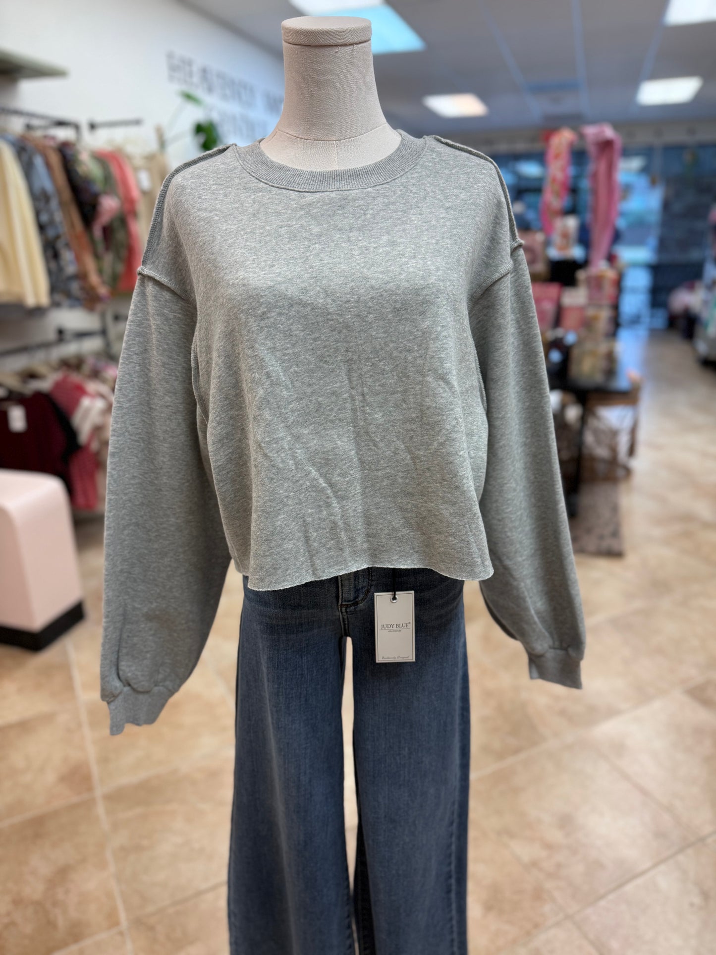 Luxe Ash Grey Cropped Crewneck Sweatshirt