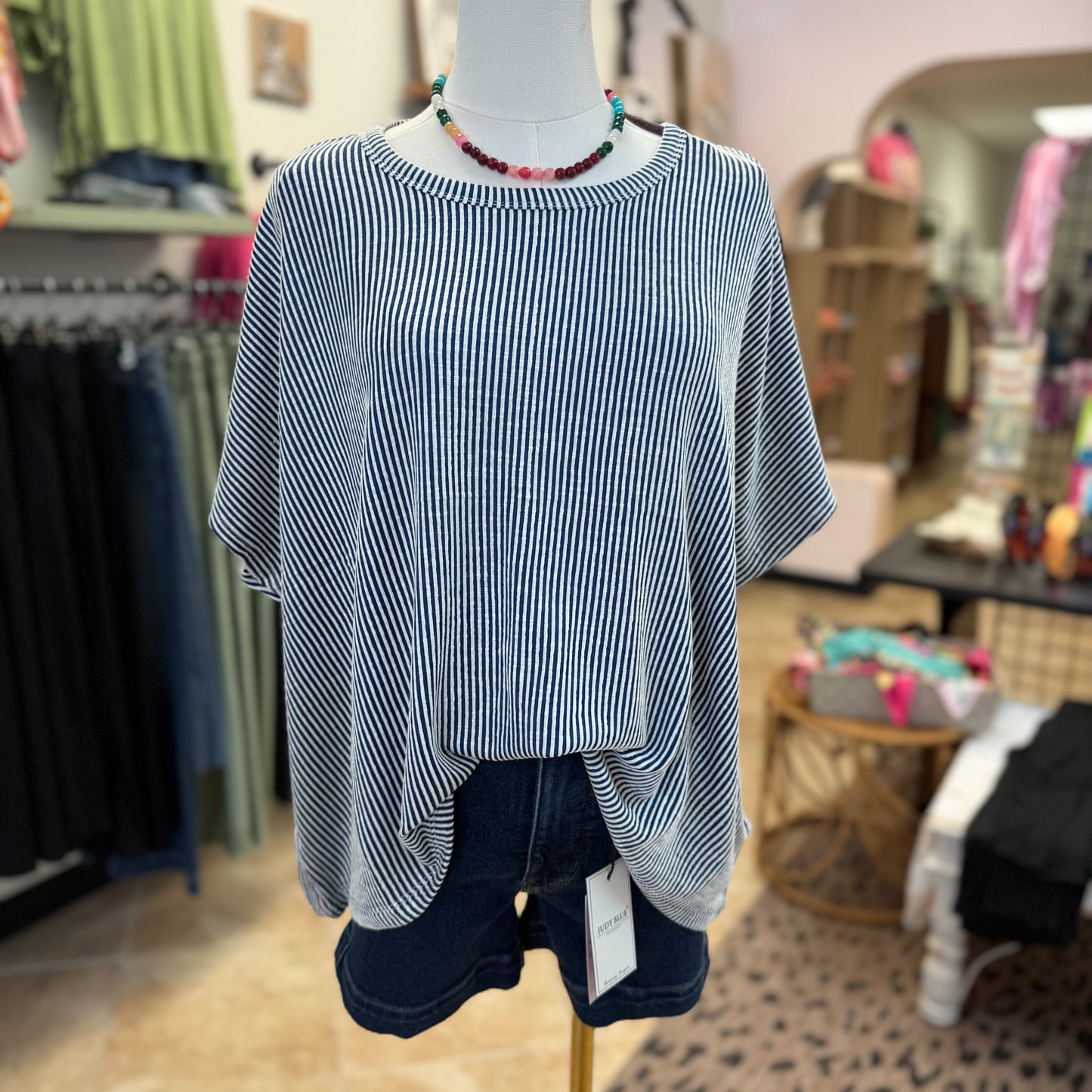 Ribbed Striped Oversized Short Sleeve Top in Light Navy