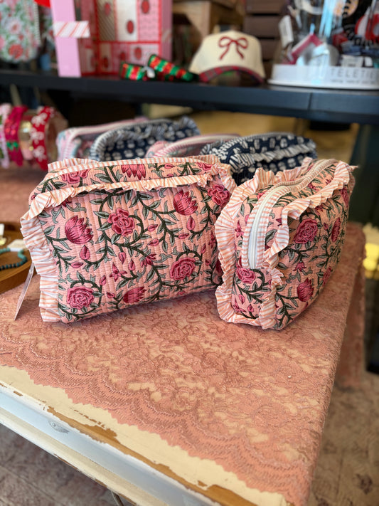 Quilted Ruffle Cosmetic Bags- Pink Roses