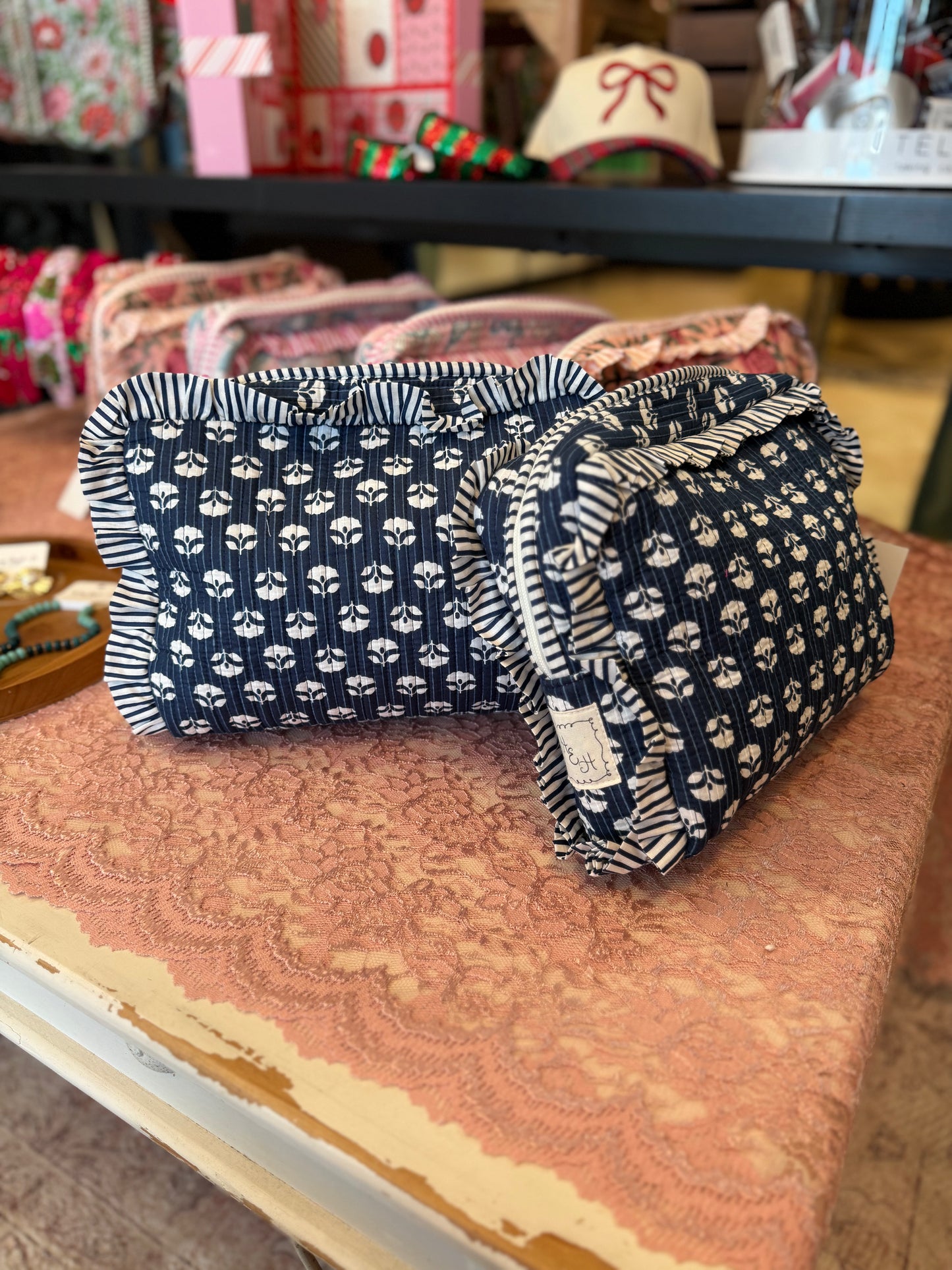 Quilted Ruffle Cosmetic Bags- Navy