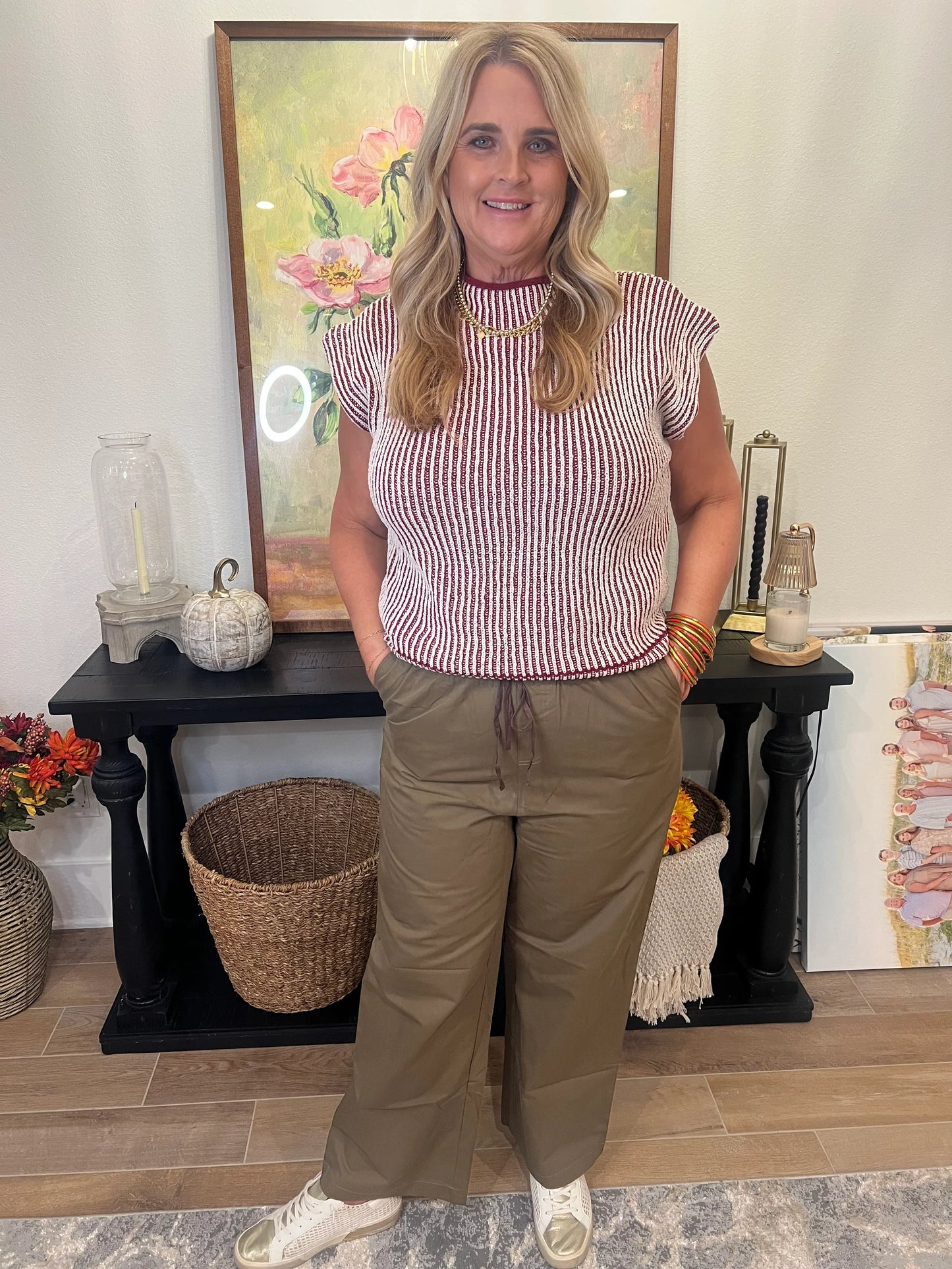 Green Wide Leg Cotton Pants with Drawstring Waist