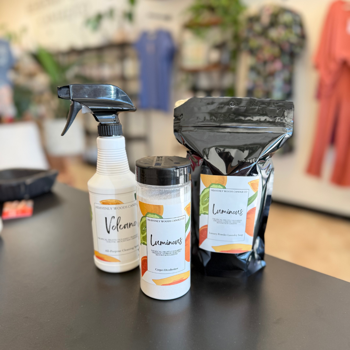 Bundle of home fragrance products including cleaning spray, carpet deodorizer and laundry soap.