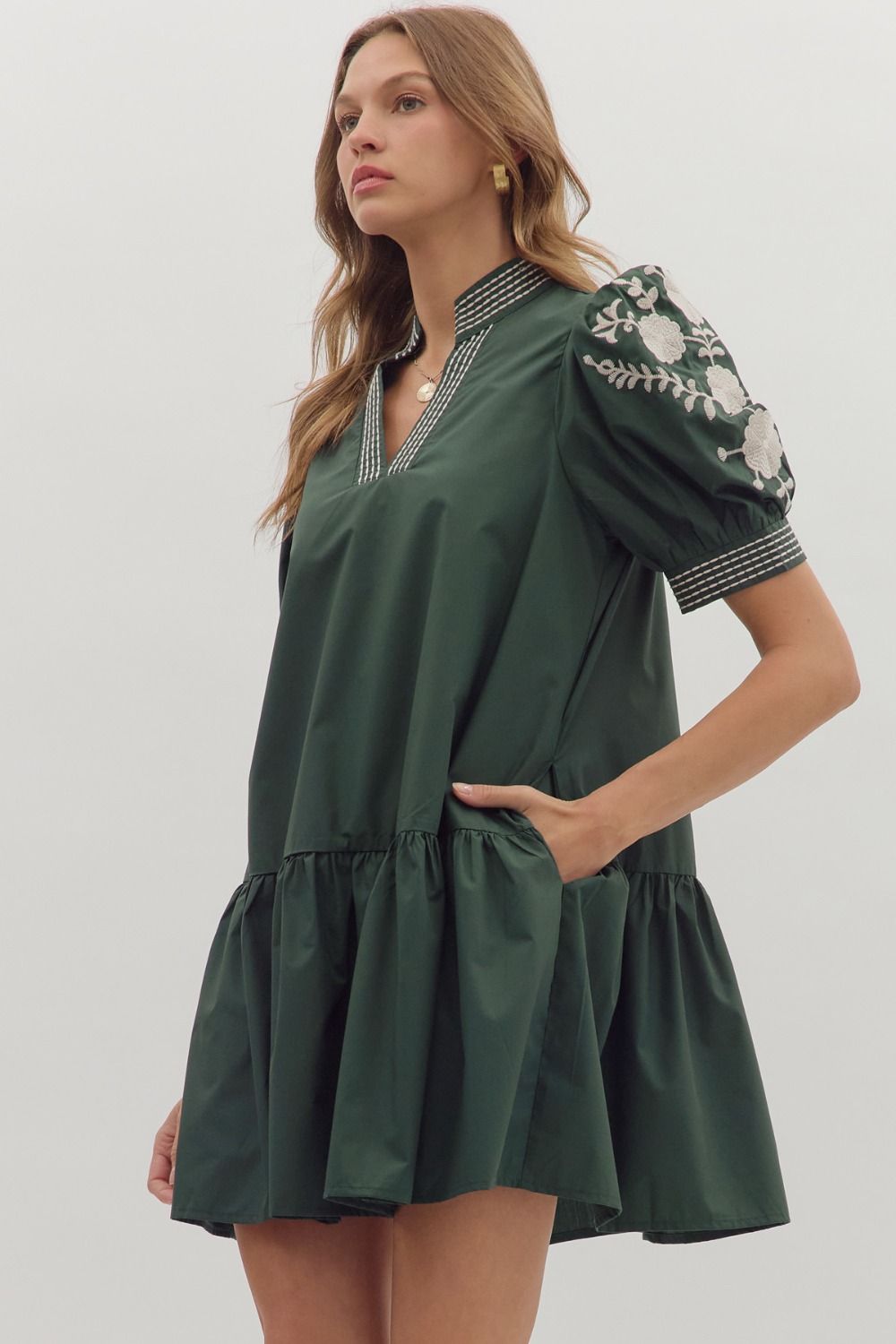 Hunter Green Embroidered Puff Sleeve Dress