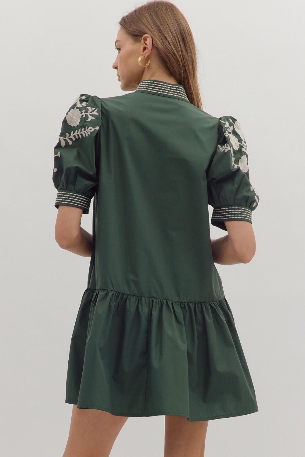 Hunter Green Embroidered Puff Sleeve Dress