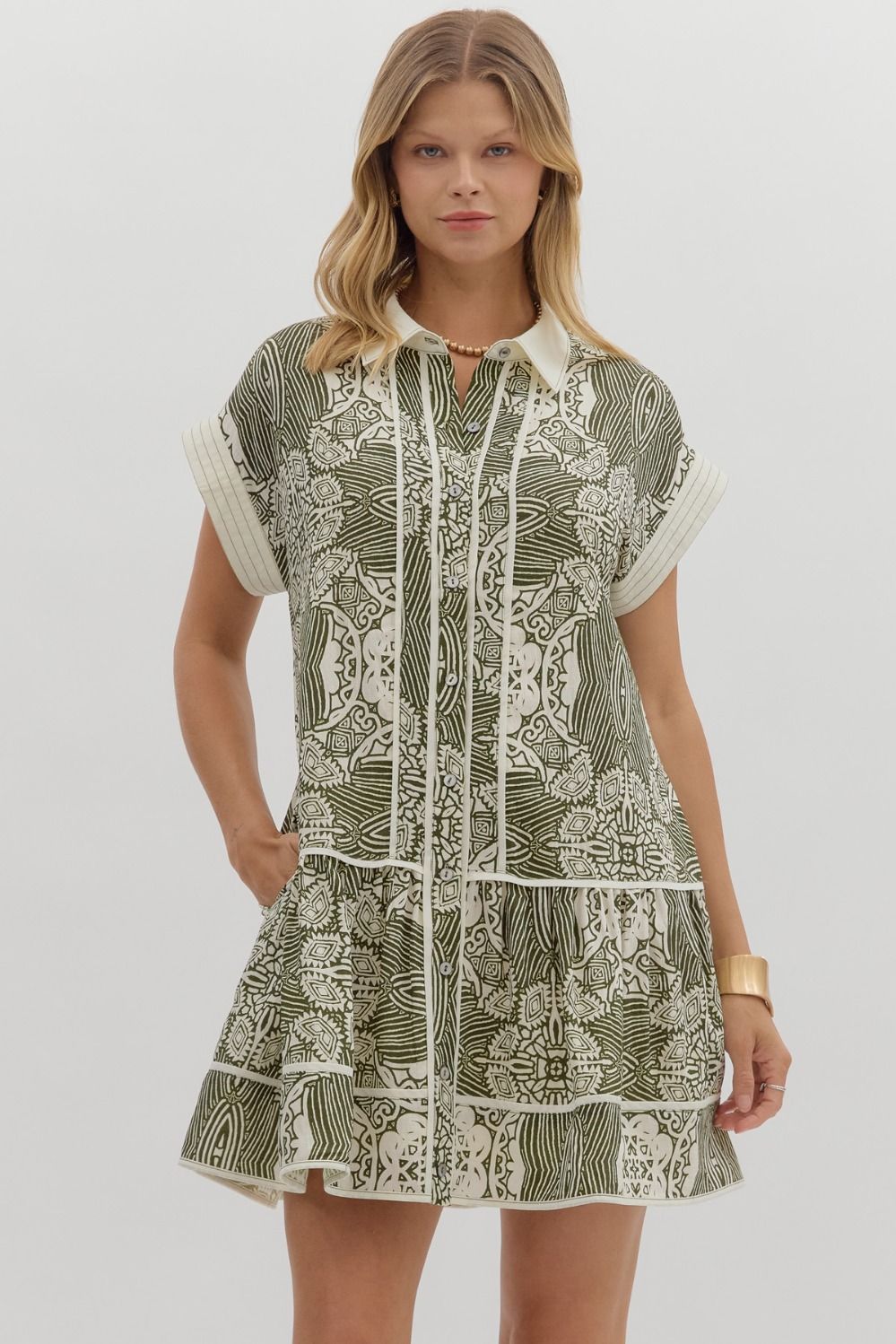 Olive Green Abstract Ruffle Hem Dress