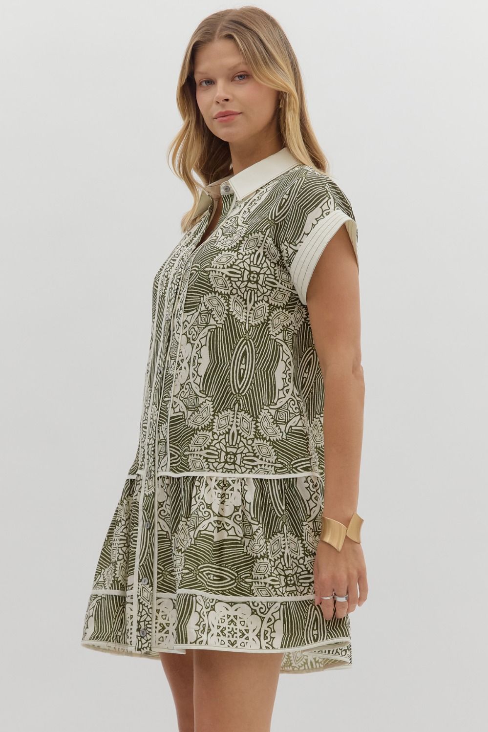 Olive Green Abstract Ruffle Hem Dress