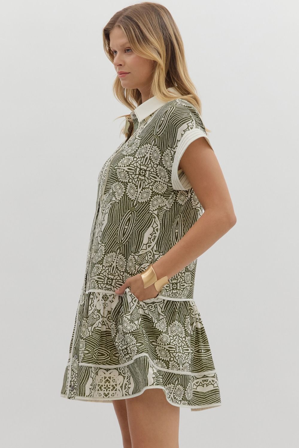 Olive Green Abstract Ruffle Hem Dress