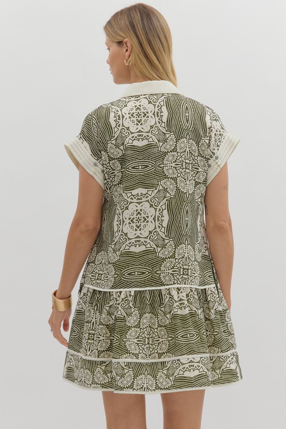 Olive Green Abstract Ruffle Hem Dress