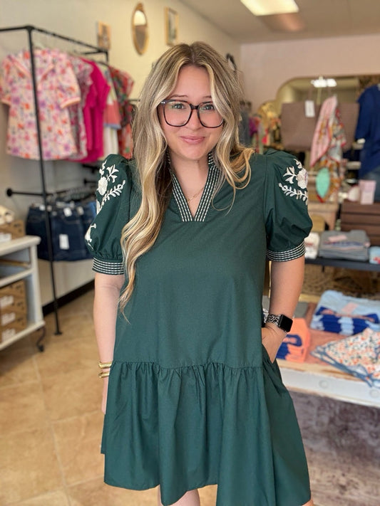 Hunter Green Embroidered Puff Sleeve Dress