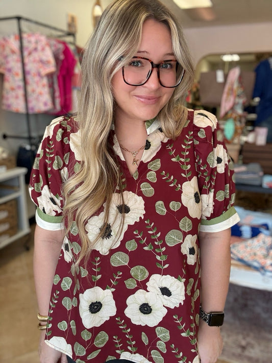 Maroon Floral Puff Sleeve Blouse