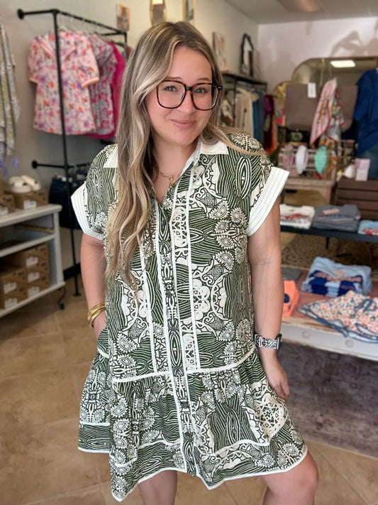 Olive Green Abstract Ruffle Hem Dress