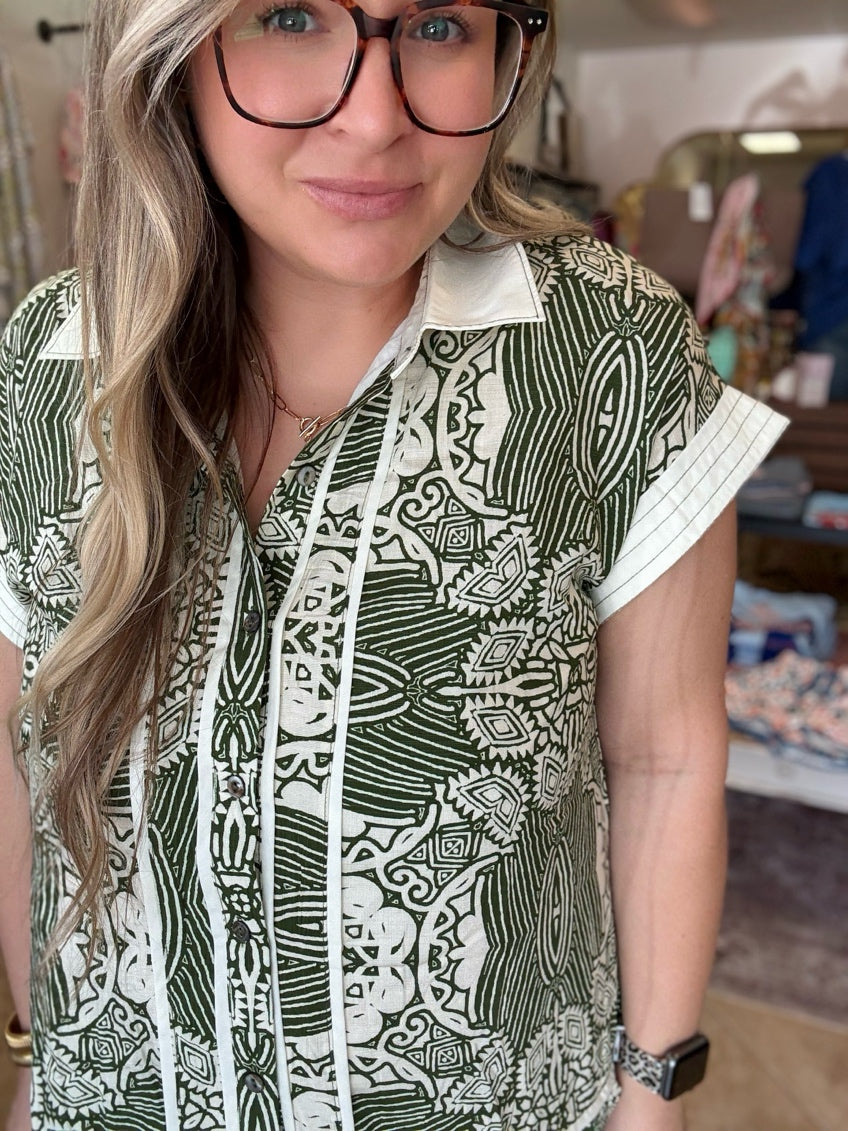 Olive Green Abstract Ruffle Hem Dress