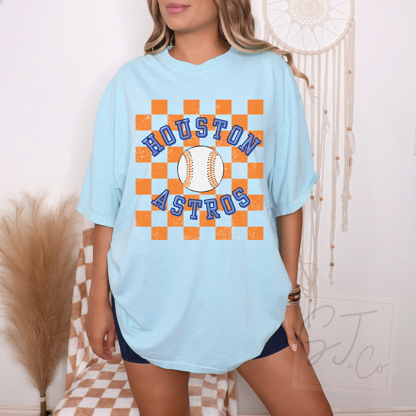 Light Blue and Orange Baseball Graphic Tee