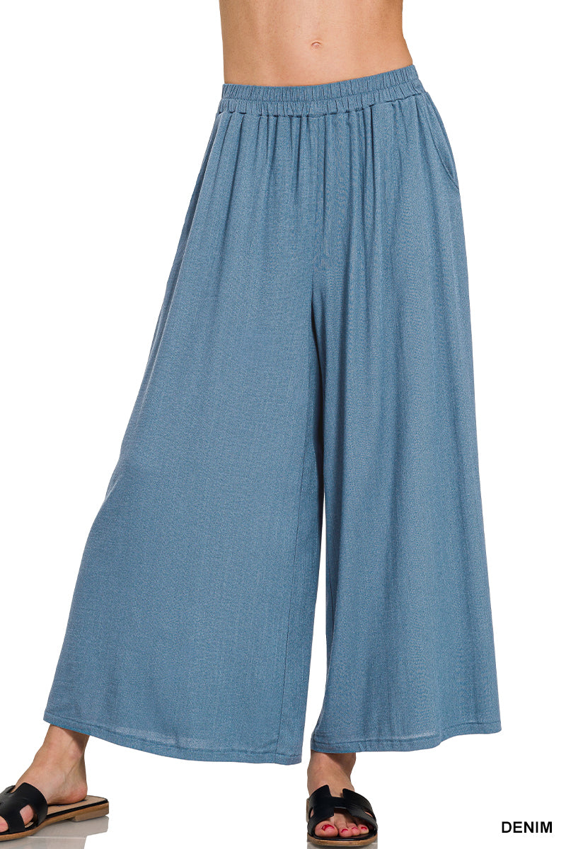 Denim Blue Flowy Wide-Leg Pants with Pockets