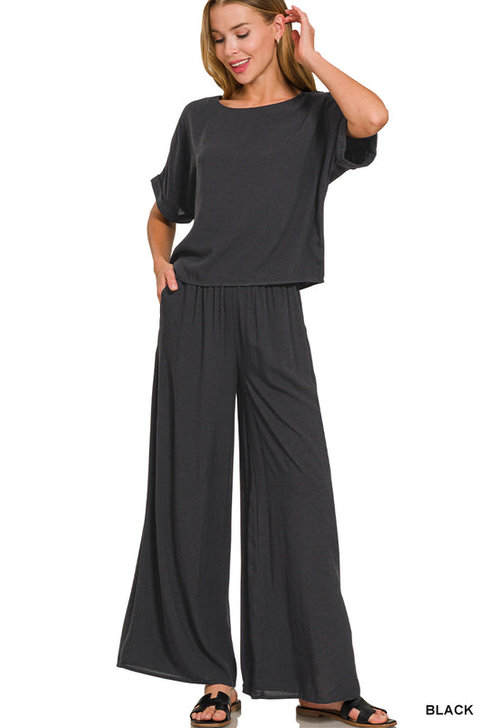 Black Relaxed Fit Two Piece Woven Set for Women
