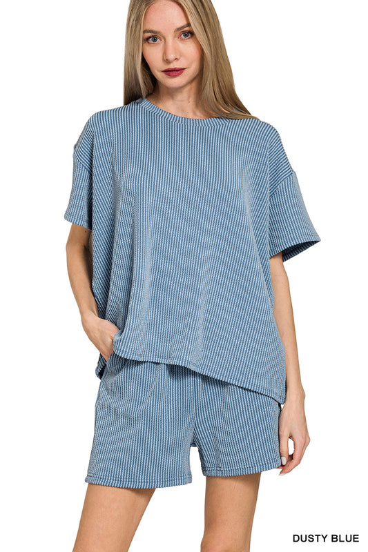 Dusty Blue Ribbed Two Piece Set for Women