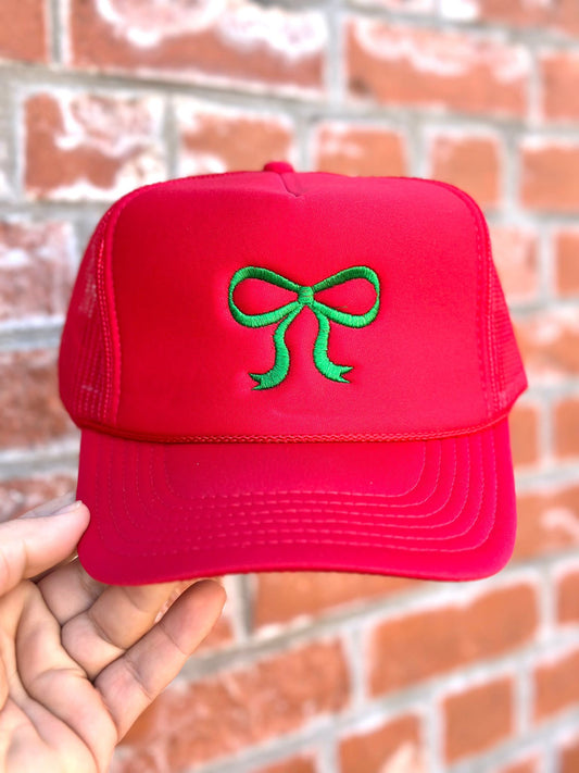 Red Embroidered Bow Trucker Hat