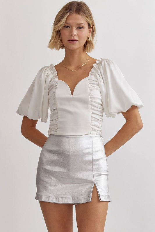 White Satin Bubble Sleeve Crop Top