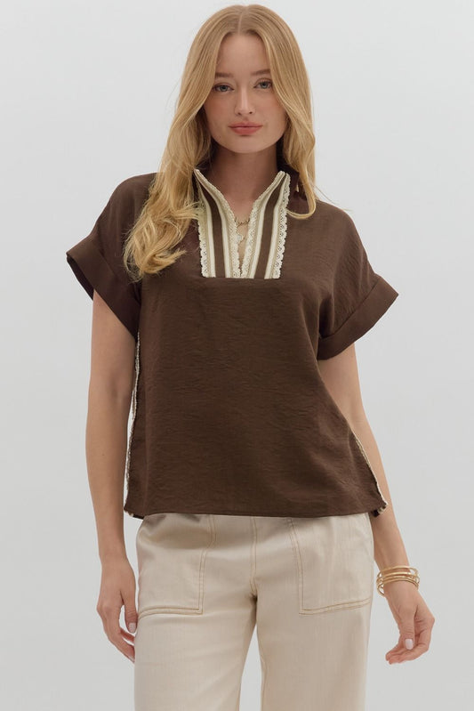 Brown Crochet Accent Blouse