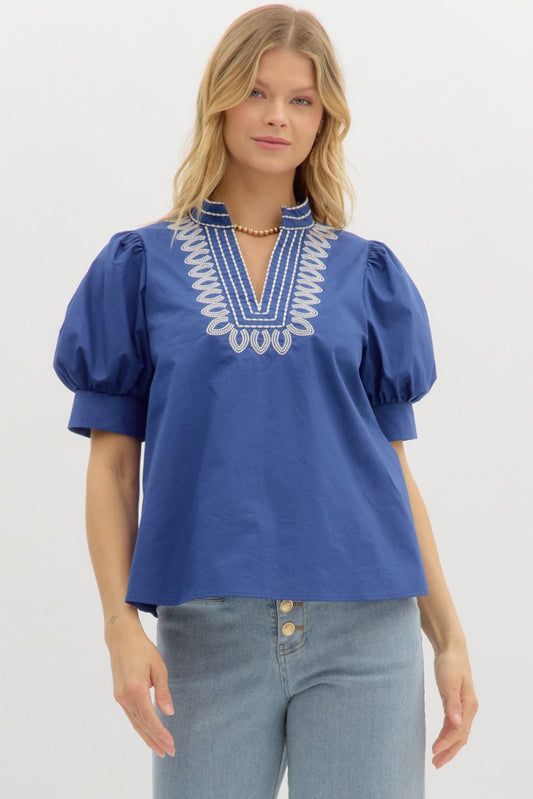 Indigo Embroidered Puff Sleeve Blouse