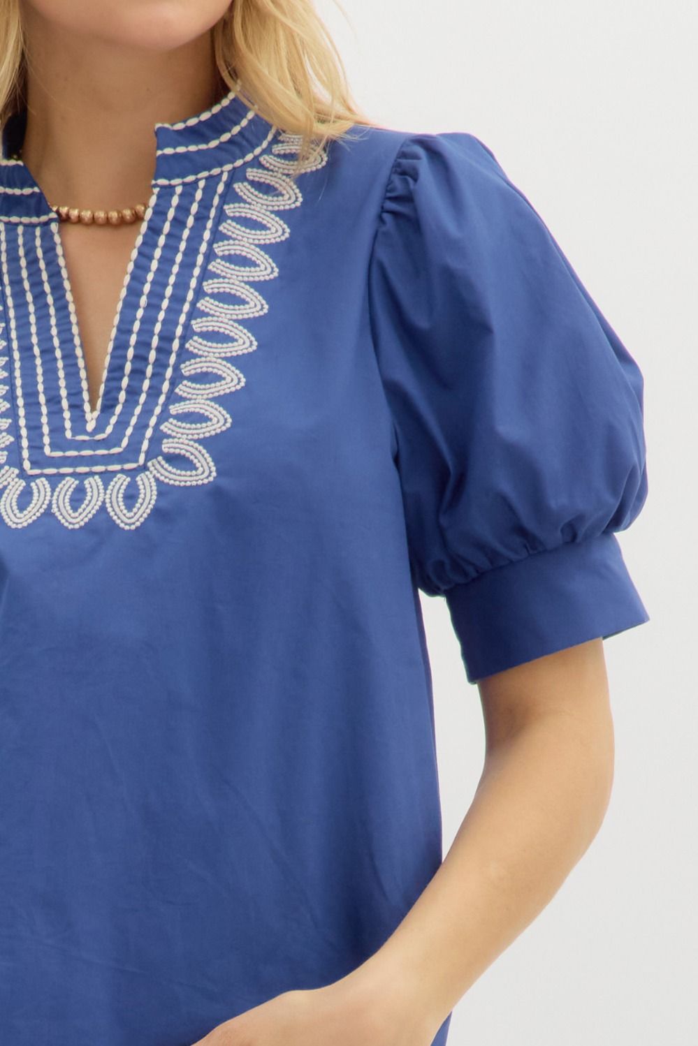 Indigo Embroidered Puff Sleeve Blouse
