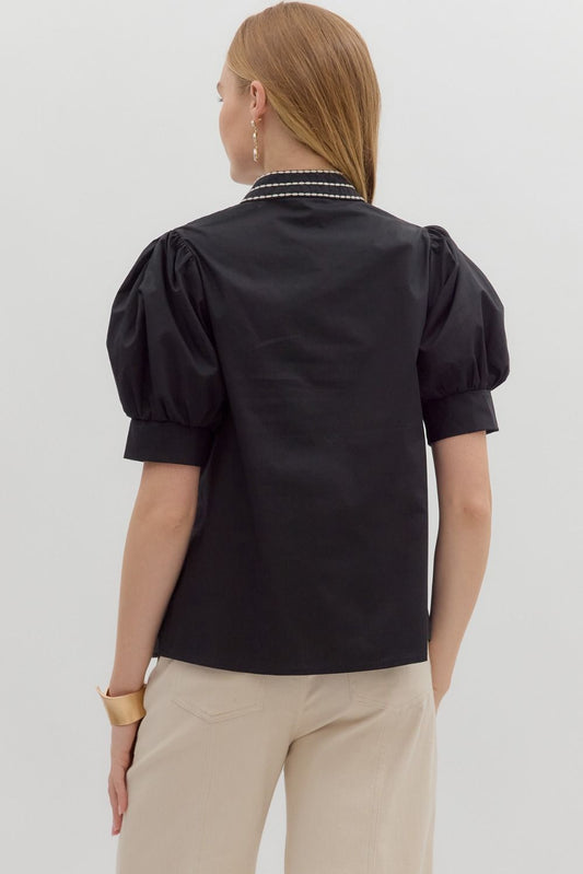 Black Embroidered Puff Sleeve Blouse