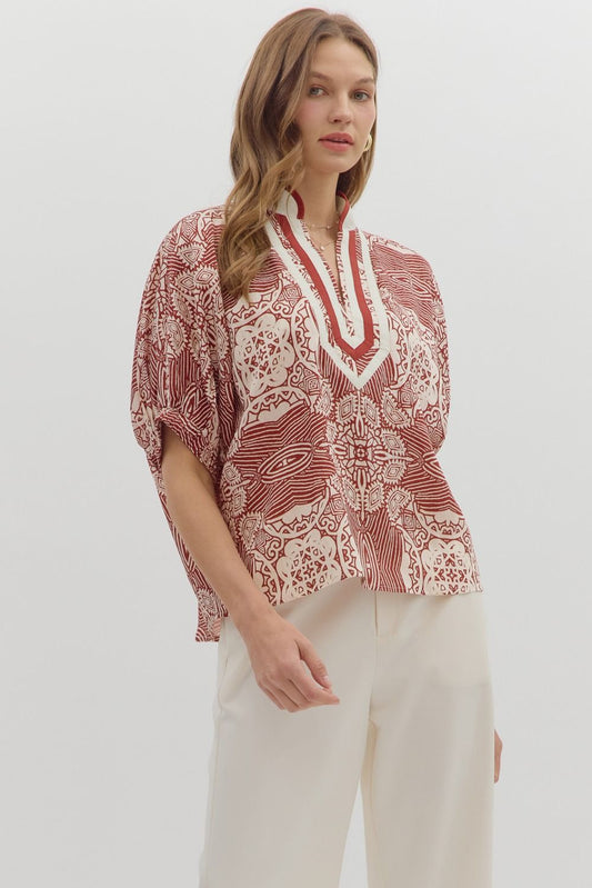 Abstract Brick Boxy Blouse
