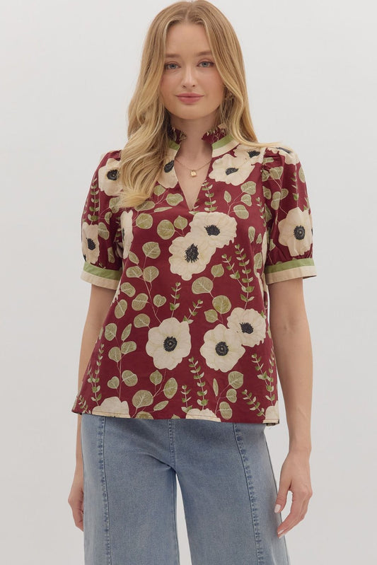 Maroon Floral Puff Sleeve Blouse