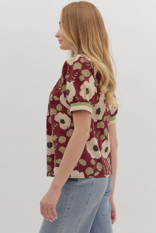 Maroon Floral Puff Sleeve Blouse