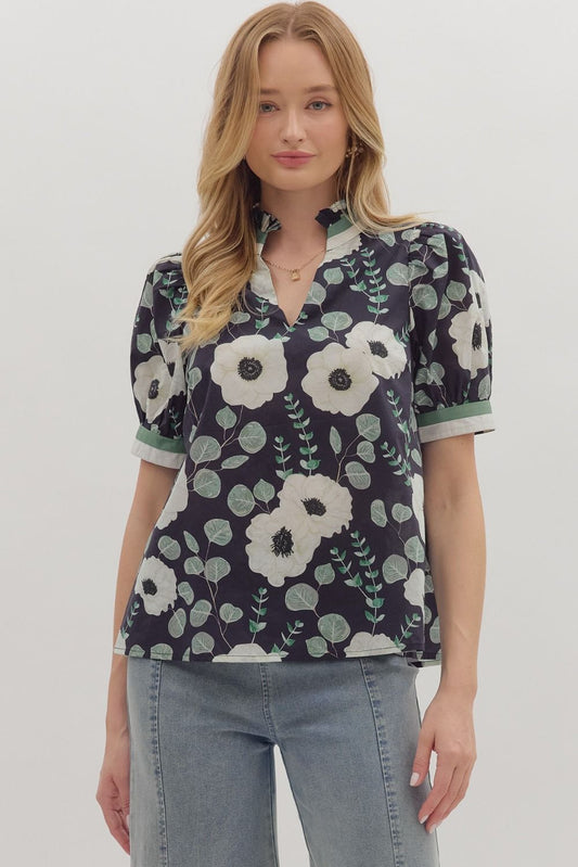 Navy Floral Puff Sleeve Blouse