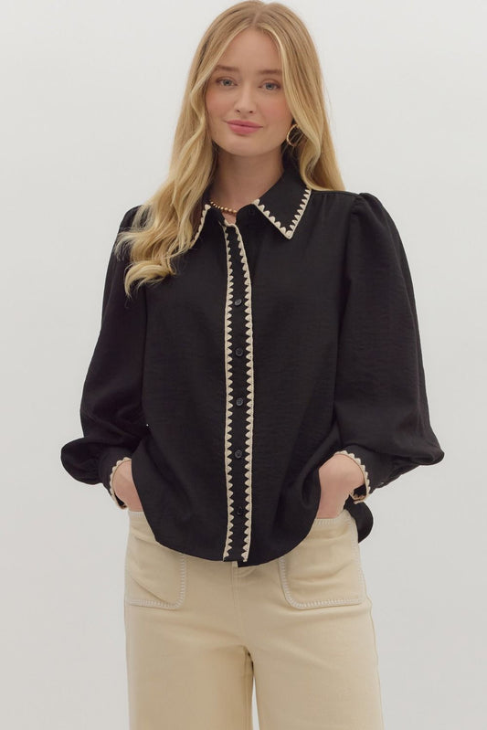 Black Blanket Stitch Collar Blouse