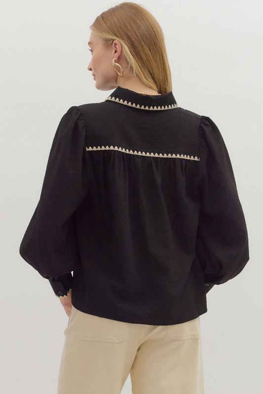 Black Blanket Stitch Collar Blouse