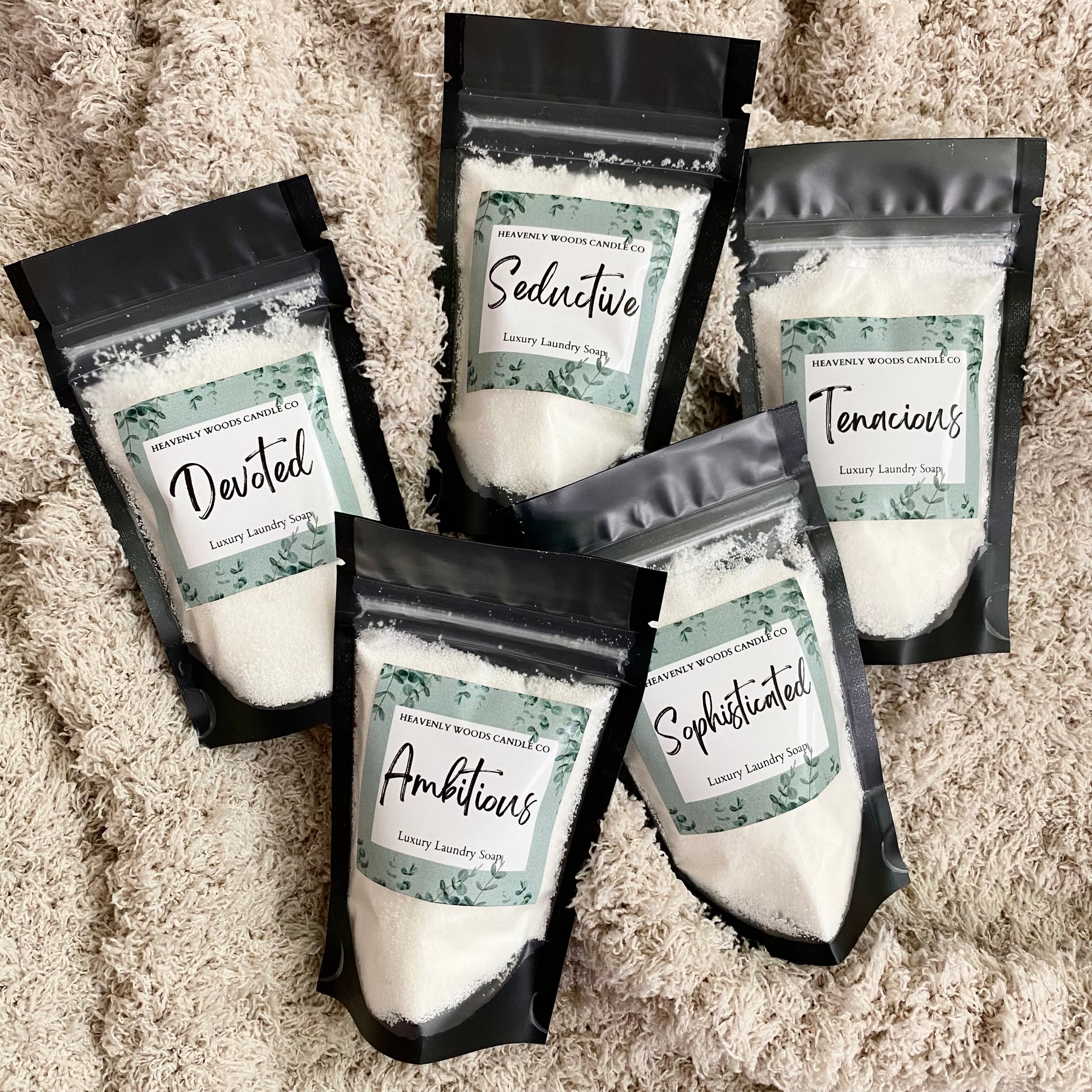 Heavenly Woods Luxury Laundry Soap – scented powder detergent in 32 oz bag
